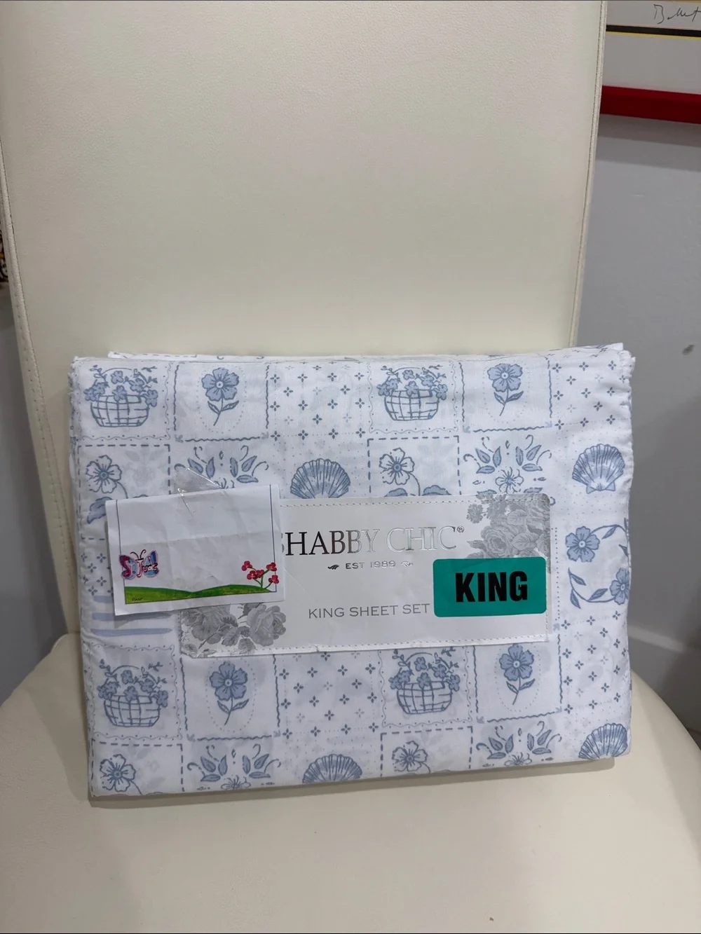 Shabby Chic White and Light Blue King Sheet Set with Floral & Shell Motif